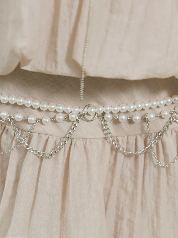 AngelR エンジェルアール シフォンホルターネックチェーンウエストベルトビジューパールフレアミニドレス モカベージュ ar25827-1-ks