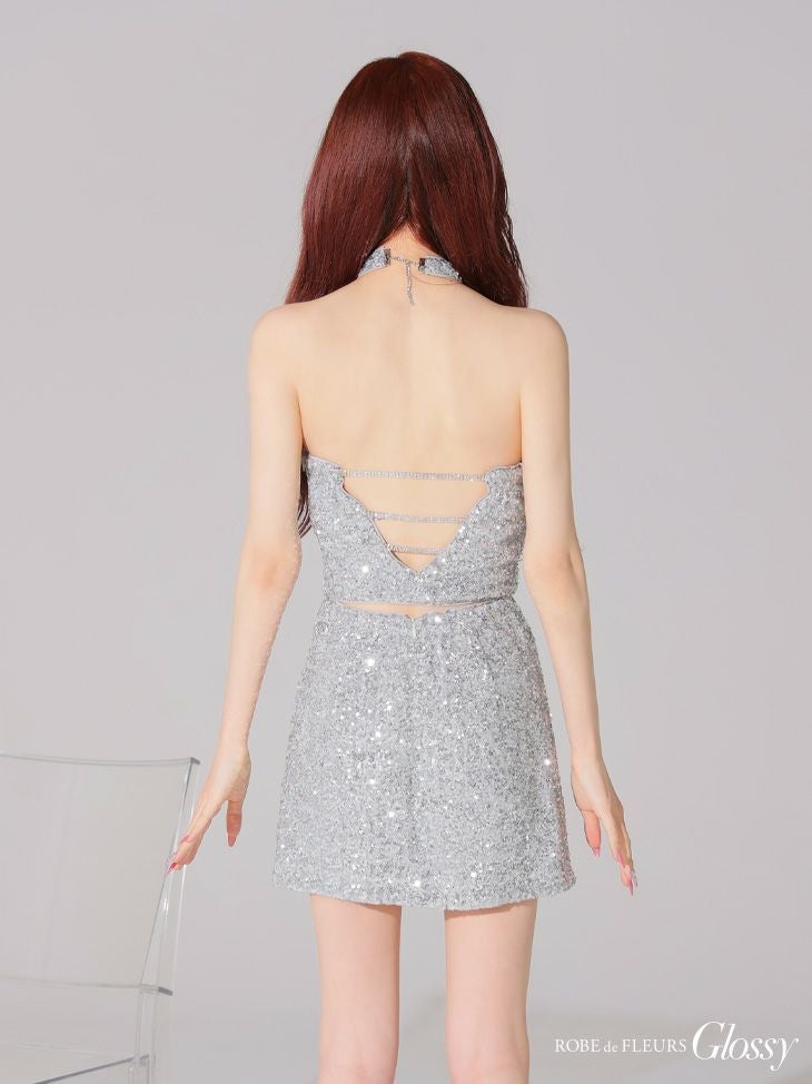 Glossy ローブドフルールグロッシー 2wayスパンコールホルターバストカットセットアップミニキャバドレス gl4204-c