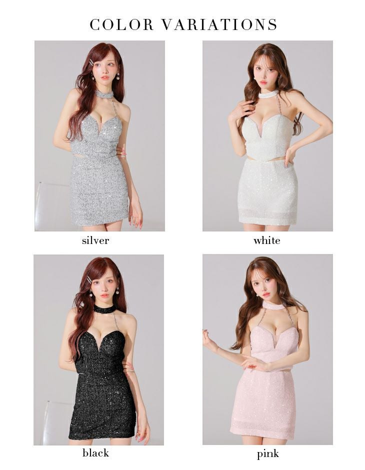 Glossy ローブドフルールグロッシー 2wayスパンコールホルターバストカットセットアップミニキャバドレス gl4204-c