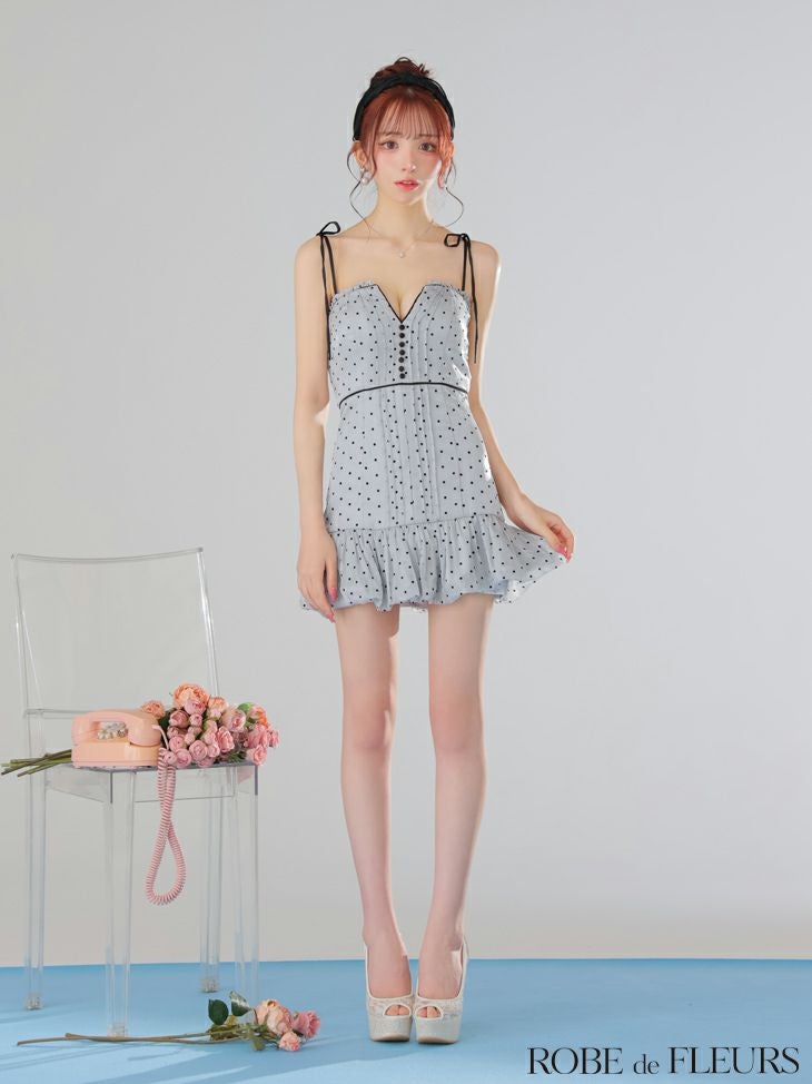 ROBE de FLEURS ローブドフルール ドットオーガンジーパイピングセミフレアミニキャバドレス fm3599