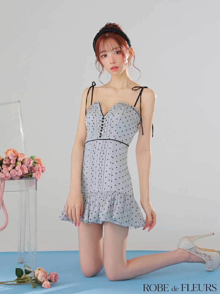 ROBE de FLEURS ローブドフルール ドットオーガンジーパイピングセミフレアミニキャバドレス fm3599