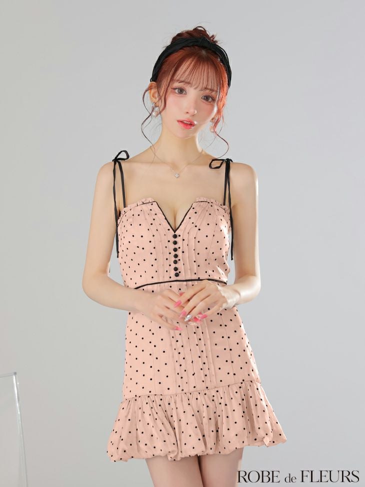 ROBE de FLEURS ローブドフルール ドットオーガンジーパイピングセミフレアミニキャバドレス fm3599