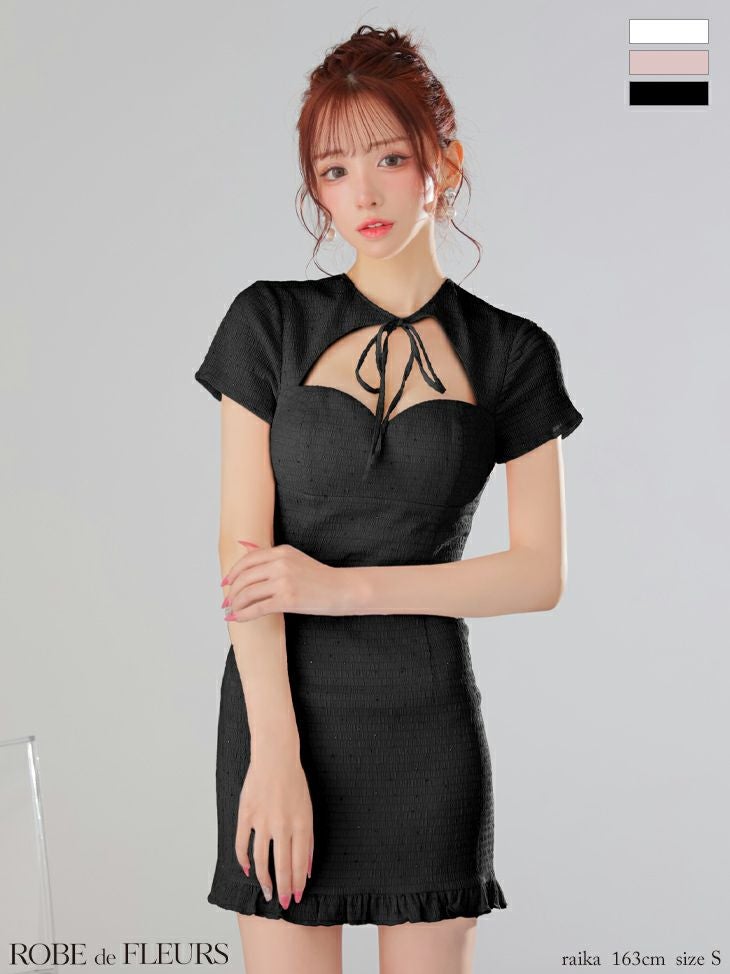 ROBE de FLEURS ローブドフルール カットデザインビジューワッフルリボンミニキャバドレス fm3294-c