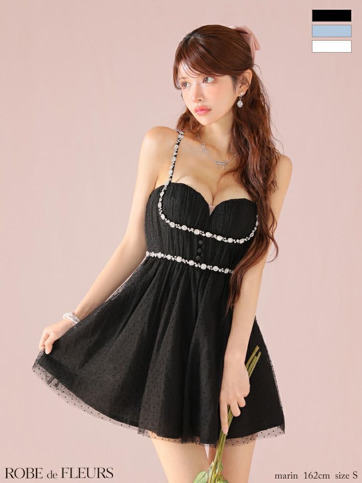 ROBE de FLEURS ローブドフルール ドットチュールビジューフレアミニキャバドレス fm3297-c