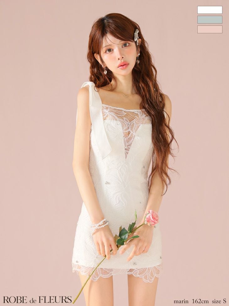 ROBE de FLEURS ローブドフルール ショルダーリボンレースリボンミニキャバドレス fm3457-c