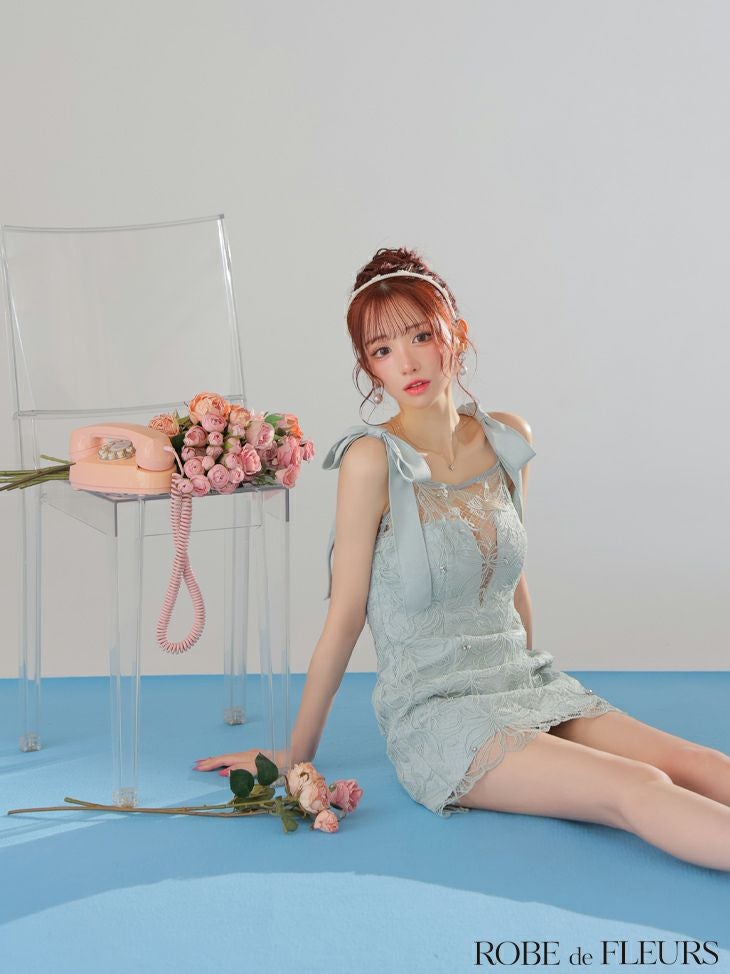 ROBE de FLEURS ローブドフルール ショルダーリボンレースリボンミニキャバドレス fm3457-c