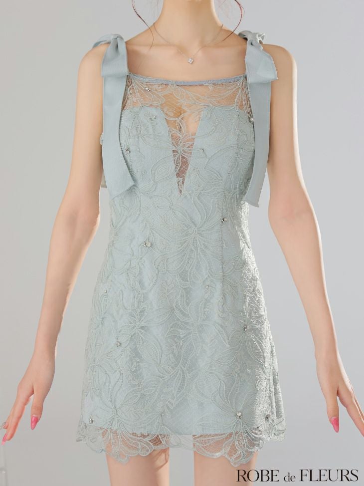 ROBE de FLEURS ローブドフルール ショルダーリボンレースリボンミニキャバドレス fm3457-c