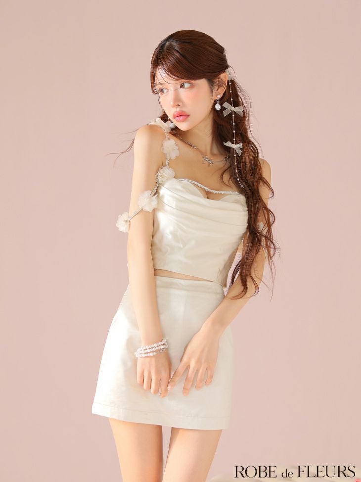 ROBE de FLEURS ピンク サテン ドレス セット ROBE de FLEURS ローブドフルール フラワーストラップサテン