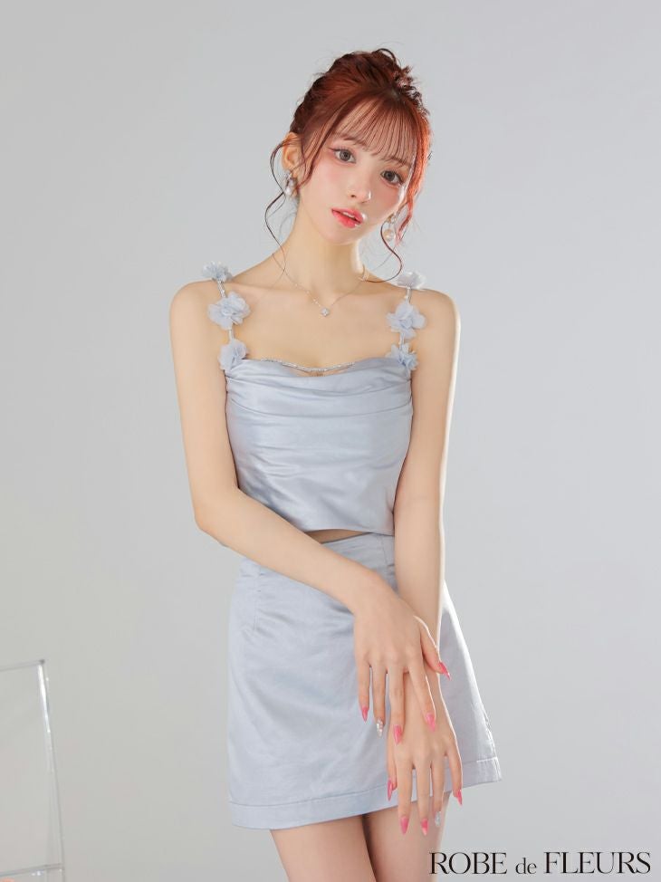 ROBE de FLEURS ローブドフルール フラワーストラップサテンセットアップミニキャバドレス【フラワーパーツ取り外し可能】 fm3461-c