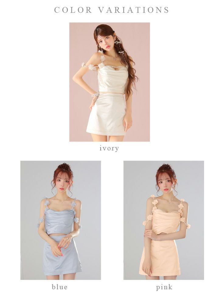 ROBE de FLEURS ローブドフルール フラワーストラップサテンセットアップミニキャバドレス【フラワーパーツ取り外し可能】 fm3461-c