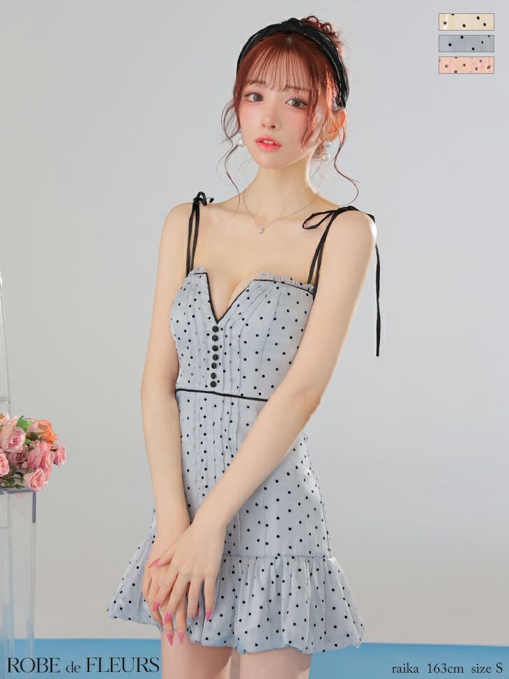 ROBE de FLEURS ローブドフルール ドットオーガンジーパイピングセミフレアミニキャバドレス fm3599-c