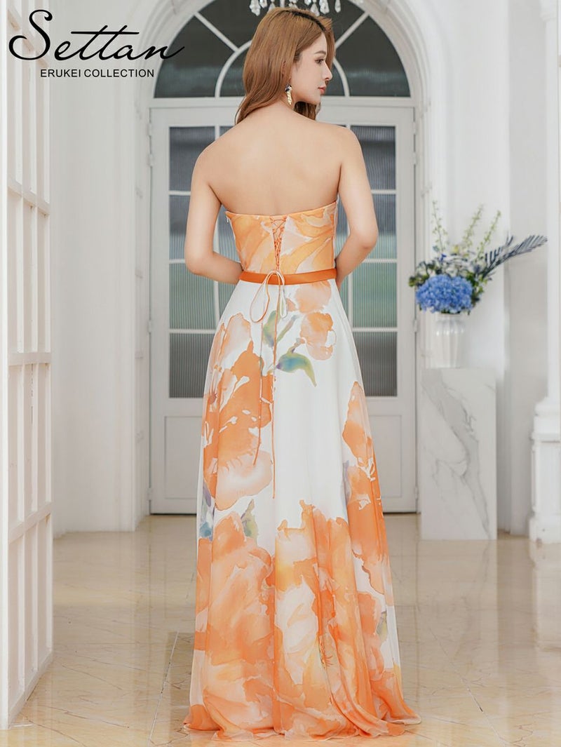 ERUKEI エルケイ ベアトップ・スピンドル・シフォン・花柄・プリント・Aライン・ロングドレス ek-s37102