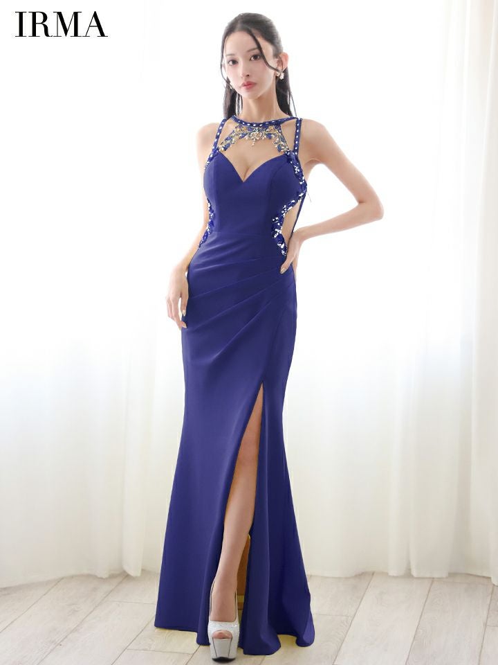 IRMA イルマ ワンカラー/デコルテビジュー/カットアウトル/スリット入り/タイト ロングドレス ir51838-c
