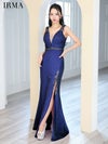 IRMA イルマ ラメニット/タックデザイン/ウエスト切替/ビジュー/スリット入り/タイト ロングドレス ir51840-c