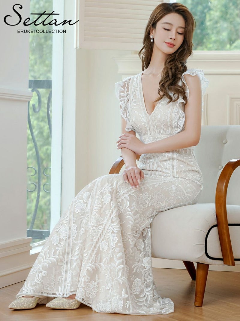 ERUKEI エルケイ ホワイト Vネック・フリルスリーブ・総レース・ハイウエスト・タイト・マーメイド・ロングドレス ek-s37088
