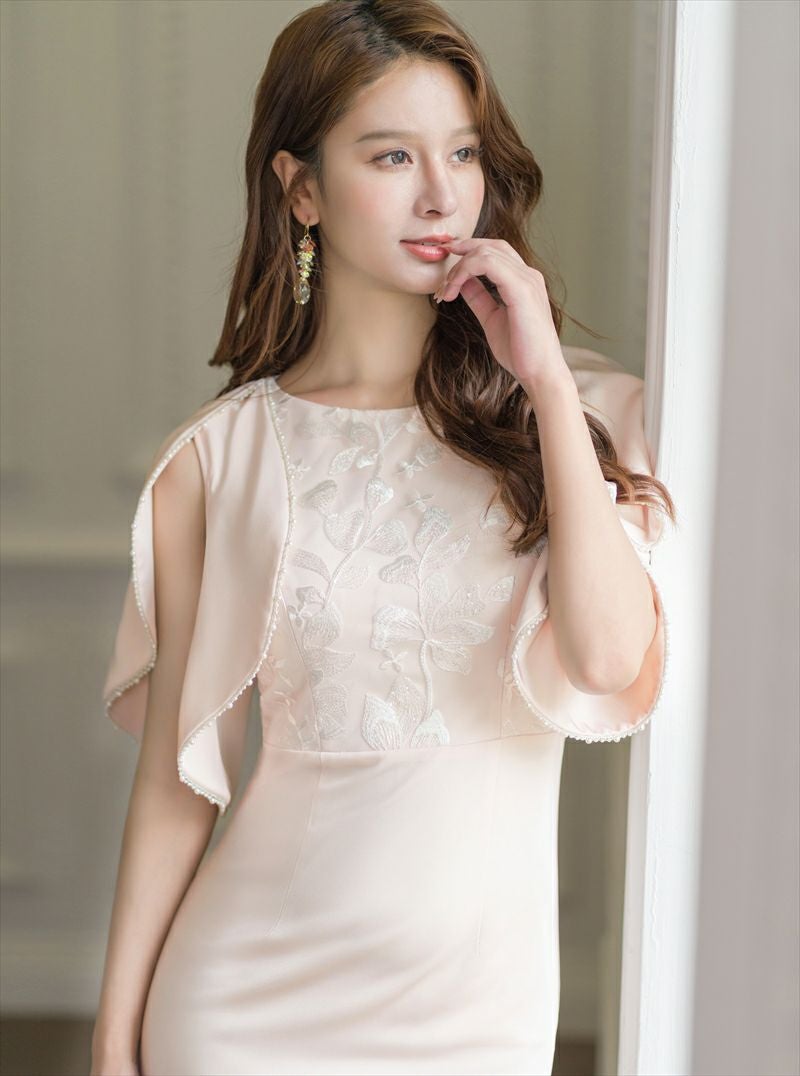 ERUKEI エルケイ ベージュ タイト・胸元刺繍・フリルスリーブ・パール・ミニドレス・ワンピース ek-s24033