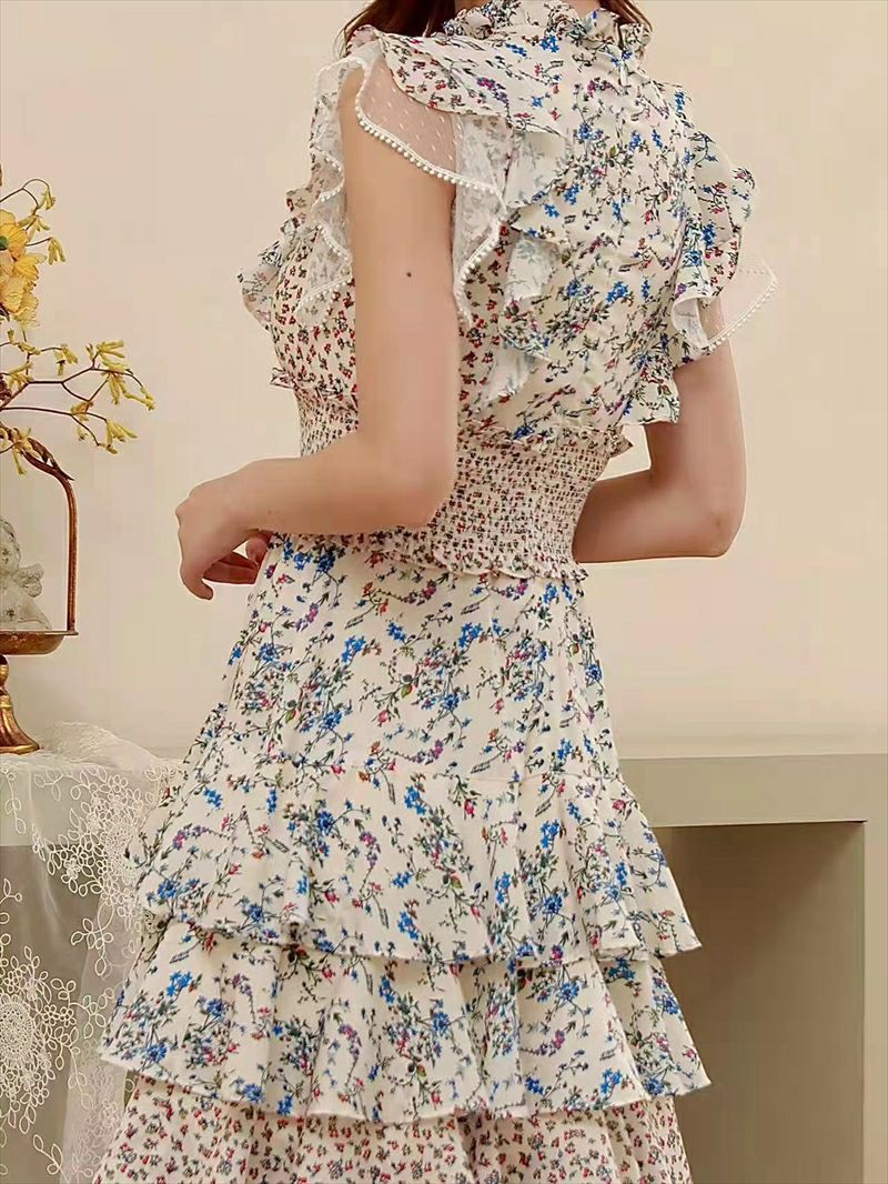 ERUKEI エルケイ 花柄・カラフル・ティアードフリル・シフォン・プチハイネック・マキシワンピ・ミディアムワンピース・ドレス ek-l1208c