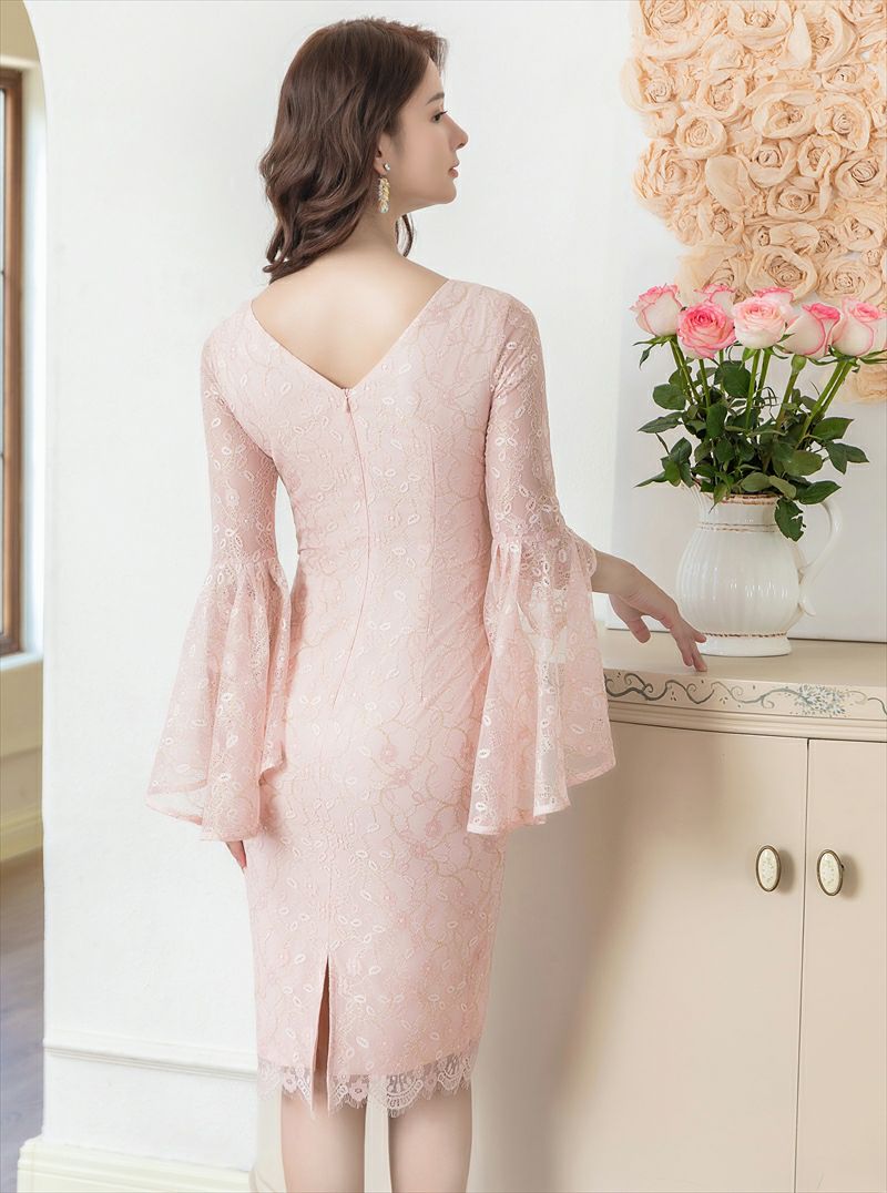 ERUKEI エルケイ 総レース・タイト・７分袖・フリルスリーブ・ミディアムドレス・ワンピース ek-c24001