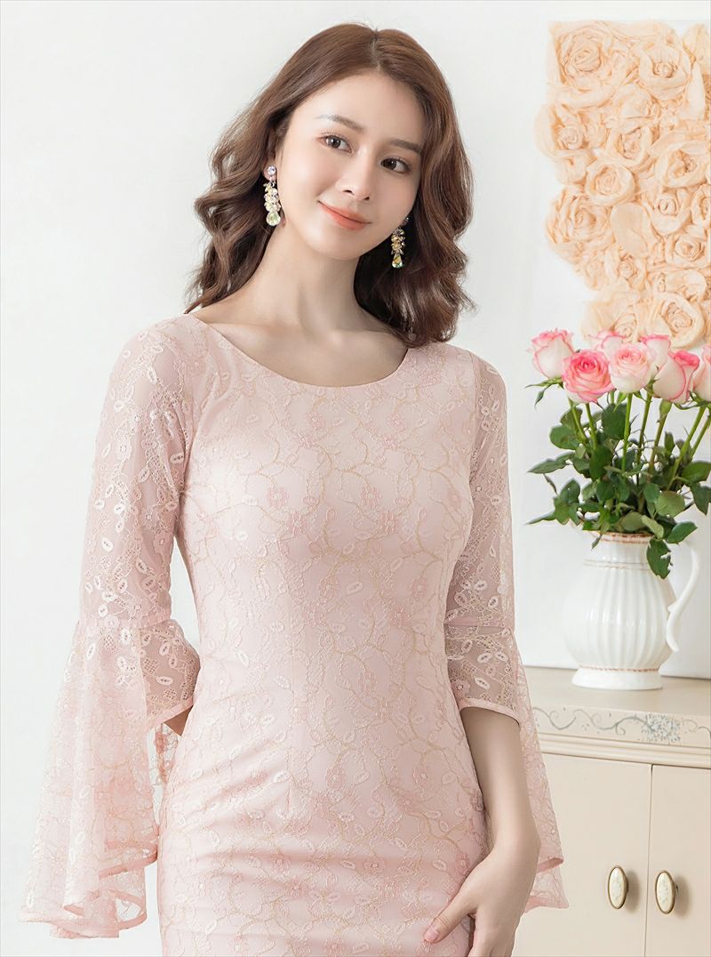 ERUKEI エルケイ 総レース・タイト・７分袖・フリルスリーブ・ミディアムドレス・ワンピース ek-c24001