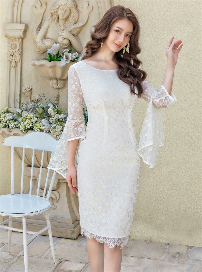 ERUKEI エルケイ 総レース・タイト・７分袖・フリルスリーブ・ミディアムドレス・ワンピース ek-c24001