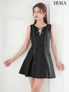 IRMA イルマ サマーツイード/リボンモチーフ/Vネック/プリーツ/フレア ミニドレス ir55076