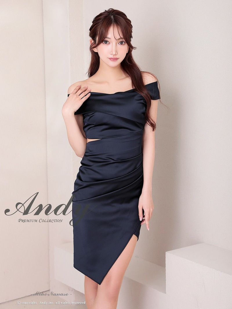 Andy アンディ オフショル サテン アシンメトリースリット タイト ミニドレス an-on2929