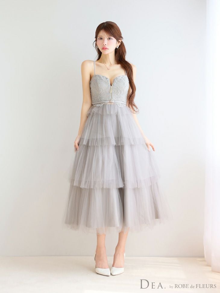 DEA. ディア バイ ローブドフルール レースティアードチュールフレアロングキャバドレス de3445