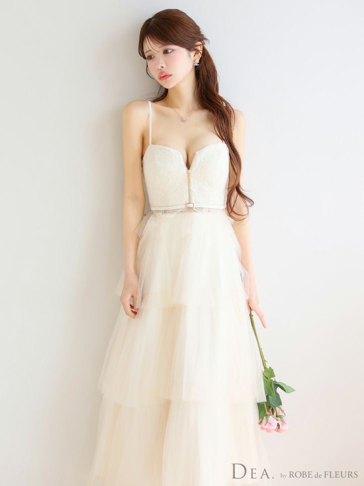 DEA. ディア バイ ローブドフルール レースティアードチュールフレアロングキャバドレス de3445