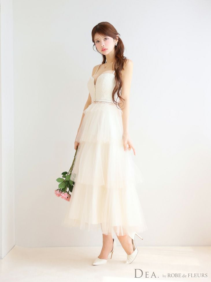 DEA. ディア バイ ローブドフルール レースティアードチュールフレアロングキャバドレス de3445
