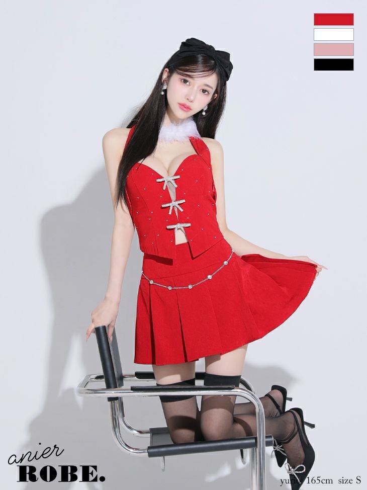 ROBE de FLEURS anier.ROBE ローブドフルール アニエルローブ ブラック Ribbon suede flared setup mini Santa dress リボンスエードセットアップフレアミニドレス【ファーチョーカー取り外し可能】 fm-anier4046-3