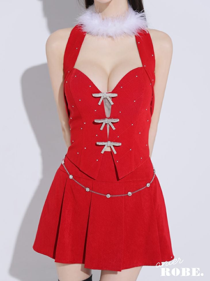 ROBE de FLEURS anier.ROBE ローブドフルール アニエルローブ ブラック Ribbon suede flared setup mini Santa dress リボンスエードセットアップフレアミニドレス【ファーチョーカー取り外し可能】 fm-anier4046-3