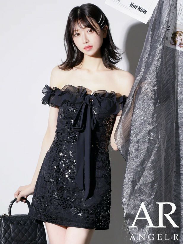AngelR エンジェルアール オフショルダーフリルバストリボンスパンコールタイトミニドレス ブラック ar25224-ks
