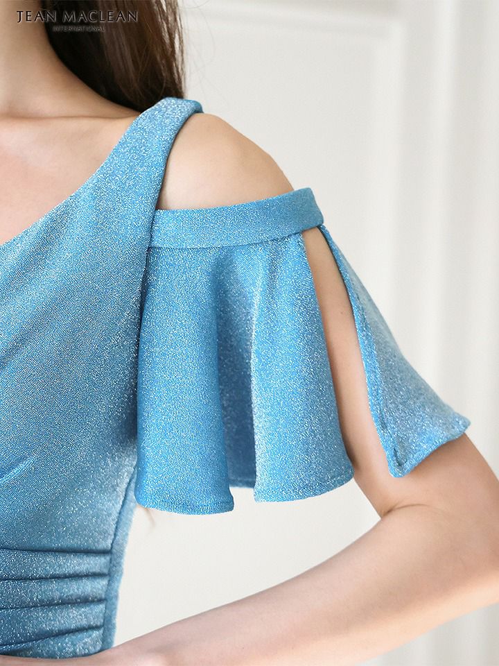 JEAN MACLEAN ジャンマクレーン ワンカラー/オープンショルダー/フリルスリーブ/ラメニット/スリット入り/ロングドレス ja51841-c