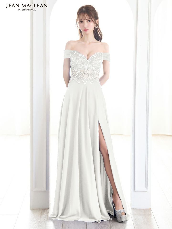 JEAN MACLEAN ジャンマクレーン サテン/オフショル/ビジュー/Aライン/スリット入り/ロングドレス ja51843-c