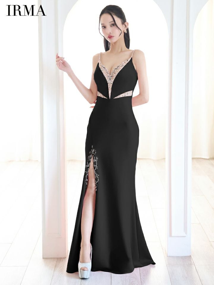 IRMA イルマ Vカット/ビジュー/メッシュ/スリット入り/タイト ロングドレス ir51837-c