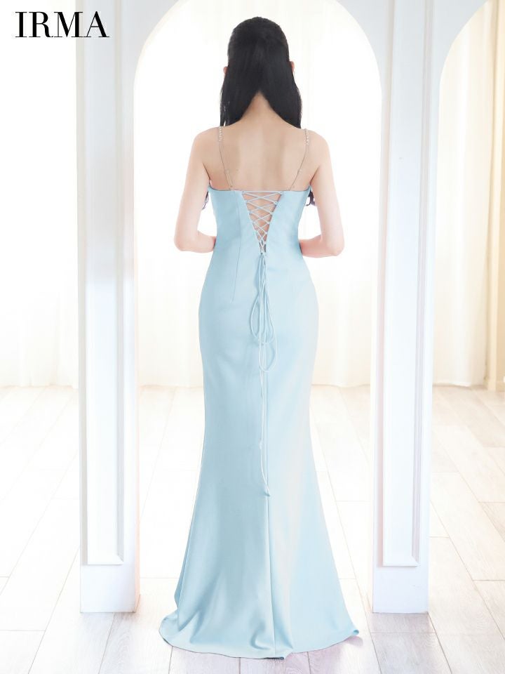 IRMA イルマ Vカット/ビジュー/メッシュ/スリット入り/タイト ロングドレス ir51837-c