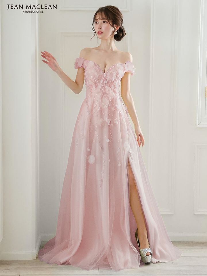 JEAN MACLEAN ジャンマクレーン ショルダ立体フラワーモチーフ/ビジュー/オフショル/スリット入り/姫/ロングドレス ja51844-c