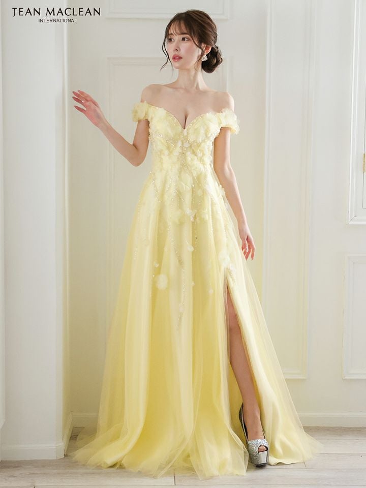 JEAN MACLEAN ジャンマクレーン ショルダ立体フラワーモチーフ/ビジュー/オフショル/スリット入り/姫/ロングドレス ja51844-c