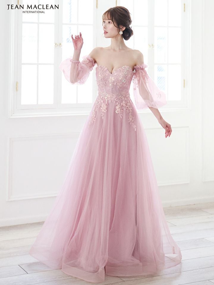 JEAN MACLEAN ジャンマクレーン ワンカラー/オーロラスパンコール/パフスリーブ/オフショル/姫/ロングドレス 【袖取り外し可能】 ja51847-c