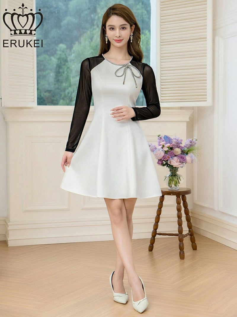 ERUKEI エルケイ ホワイト×ブラック サテン・チュールネット・ラインストーン・長袖・Aライン・ミニドレス・ワンピース ek-e25036