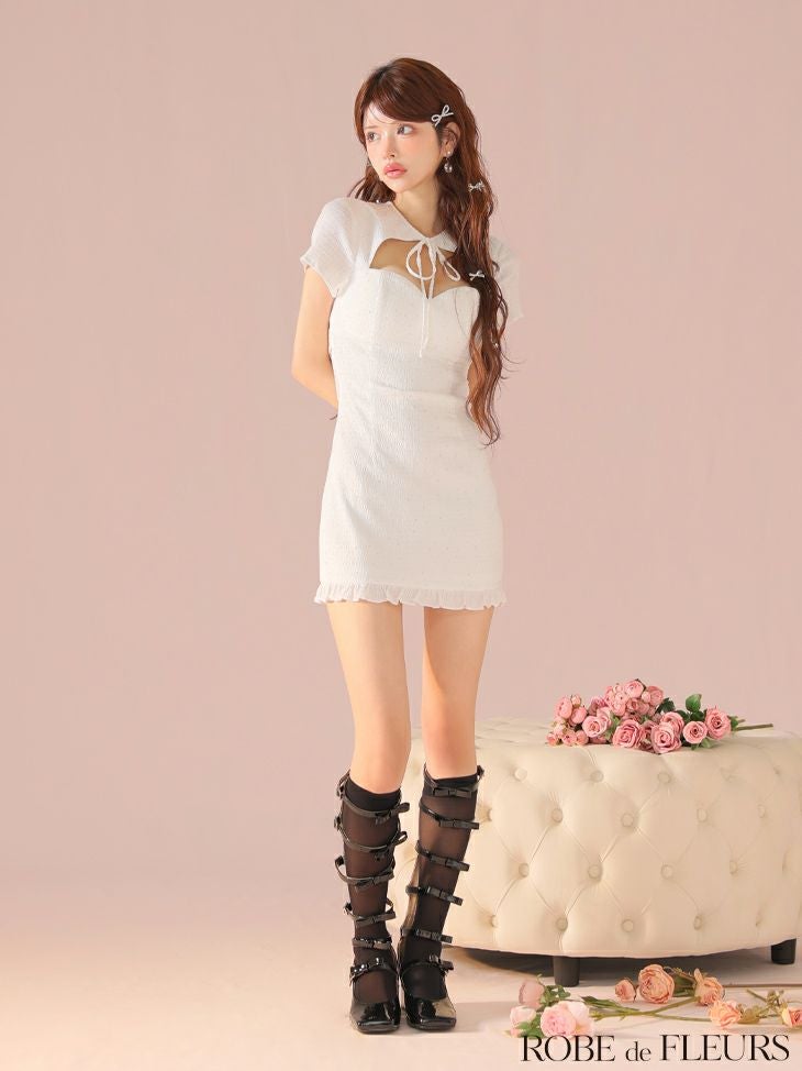 ROBE de FLEURS ローブドフルール カットデザインビジューワッフルリボンミニキャバドレス fm3294