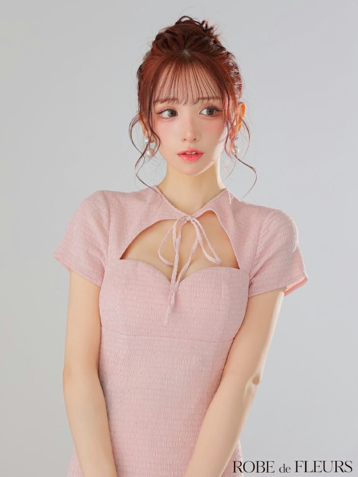 ROBE de FLEURS ローブドフルール カットデザインビジューワッフルリボンミニキャバドレス fm3294