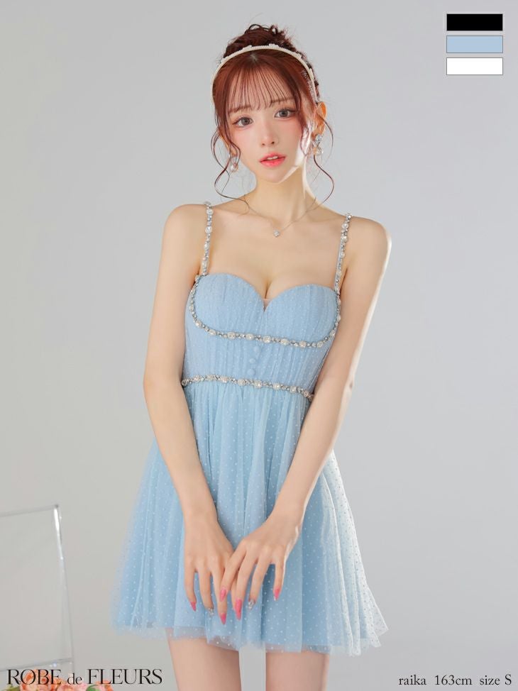 ROBE de FLEURS ドットチュールビジューフレアミニキャバドレス ROBE de FLEURS ローブドフルール ドットチュールビジューフレアミニ