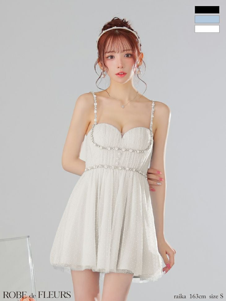 ROBE de FLEURS ドットチュールビジューフレアミニキャバドレス ROBE de FLEURS ローブドフルール ドットチュールビジューフレアミニ