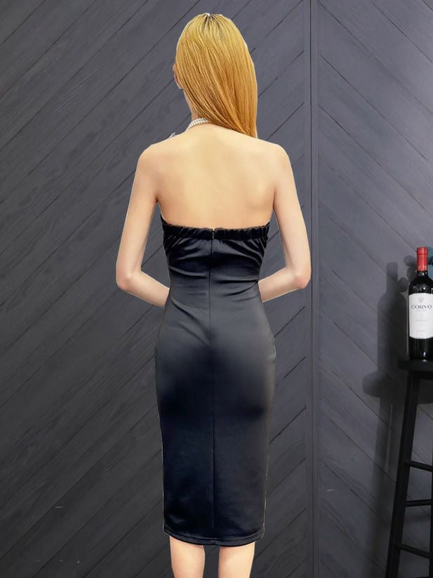 Veautt ヴュート ホルターネックタックリボンパールスカーフタイトミディアムドレス vt082514