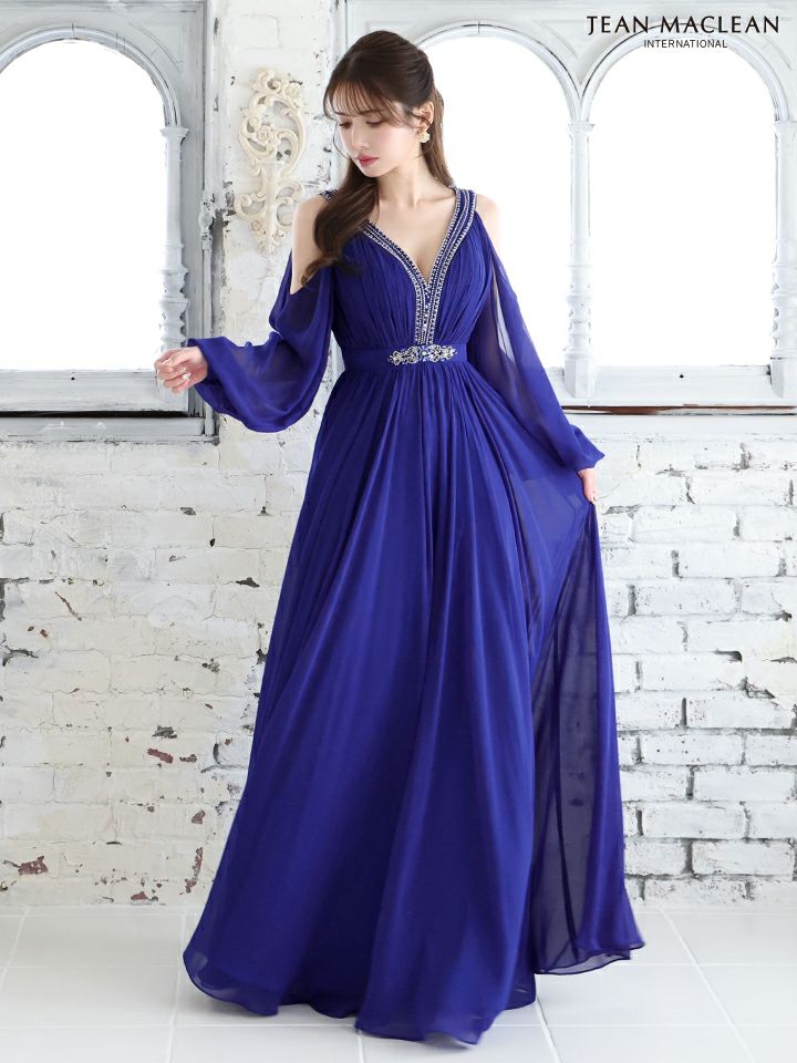 JEAN MACLEAN ジャンマクレーン ロングスリーブ/オープンショルダー/シフォン/プリーツ/ロングドレス ja51764