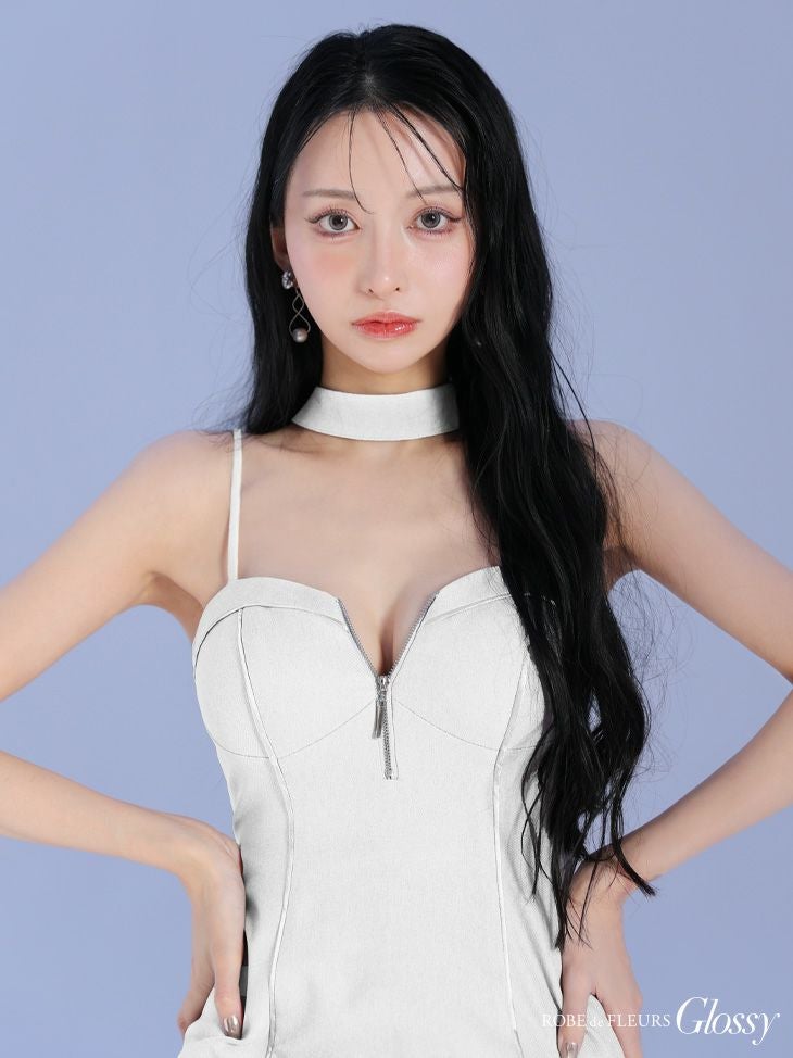 Glossy ローブドフルールグロッシー ボウタイチョーカー付きシンプルバストジップキャミミニキャバドレス gl3932