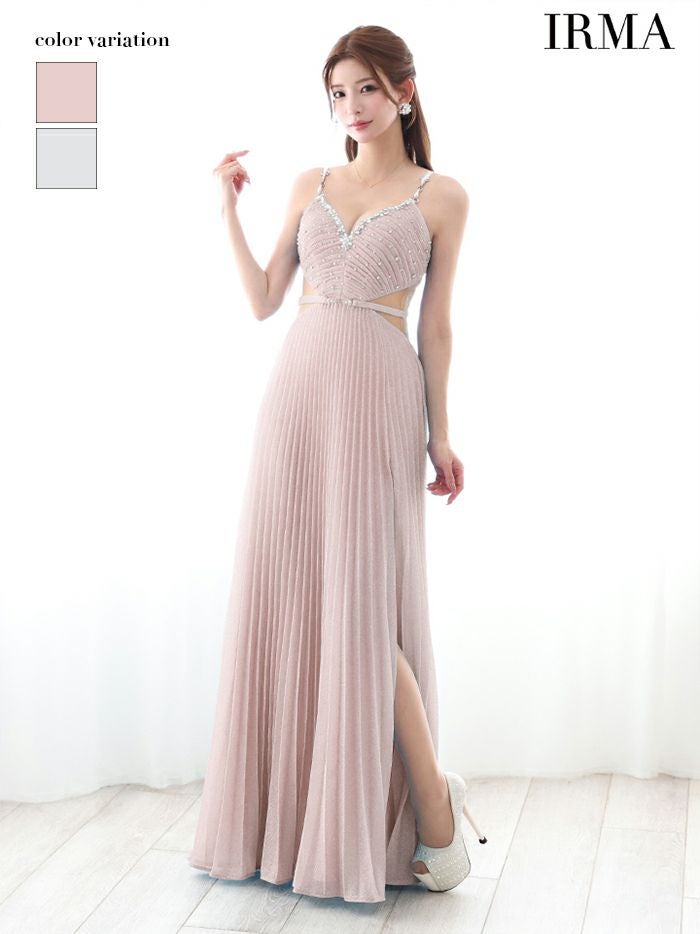 IRMA イルマ ラメニット/パールチェーンショルダー/ウエストカット/ベルトデザイン/ビジュー/プリーツ/ロングドレス ir51879