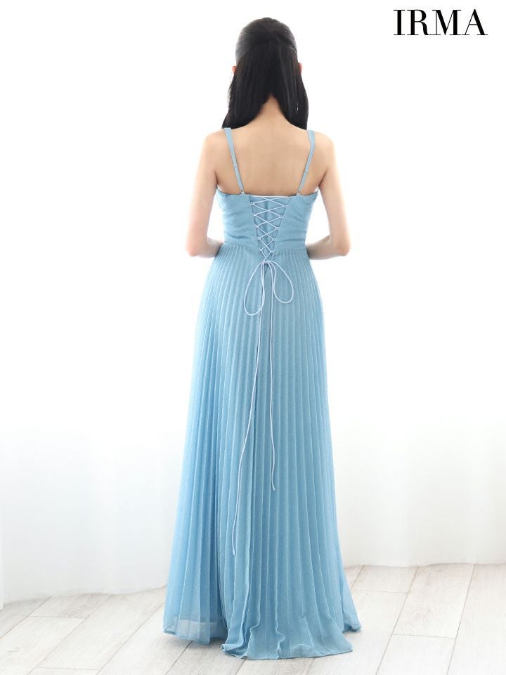 IRMA イルマ ラメニット/パールチェーンショルダー/ウエストカット/ベルトデザイン/ビジュー/プリーツ/ロングドレス ir51879