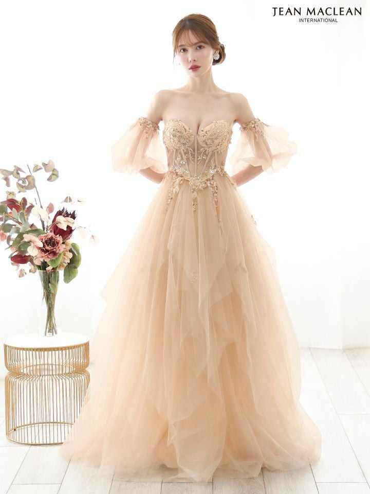 JEAN MACLEAN ジャンマクレーン ワンカラー/コルセット/ビジュー刺繍/チューリップスリーブ/姫/ロングドレス ja51884